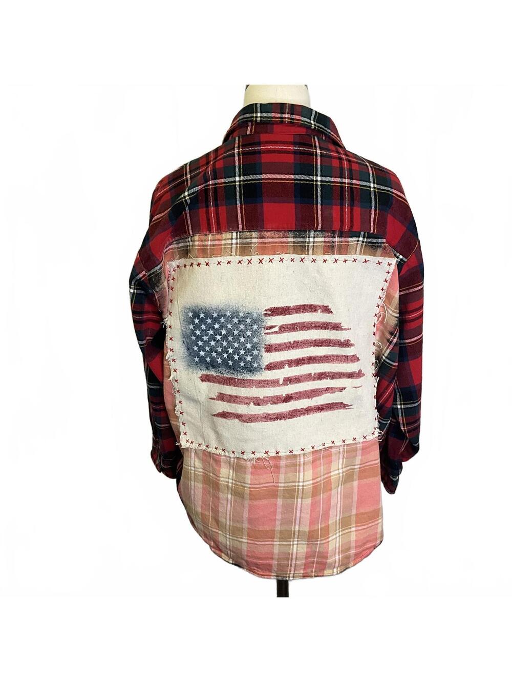 Upcycled  Women’s Size XL Flannel Boyfriend Shirt Button Down Custom Bleach